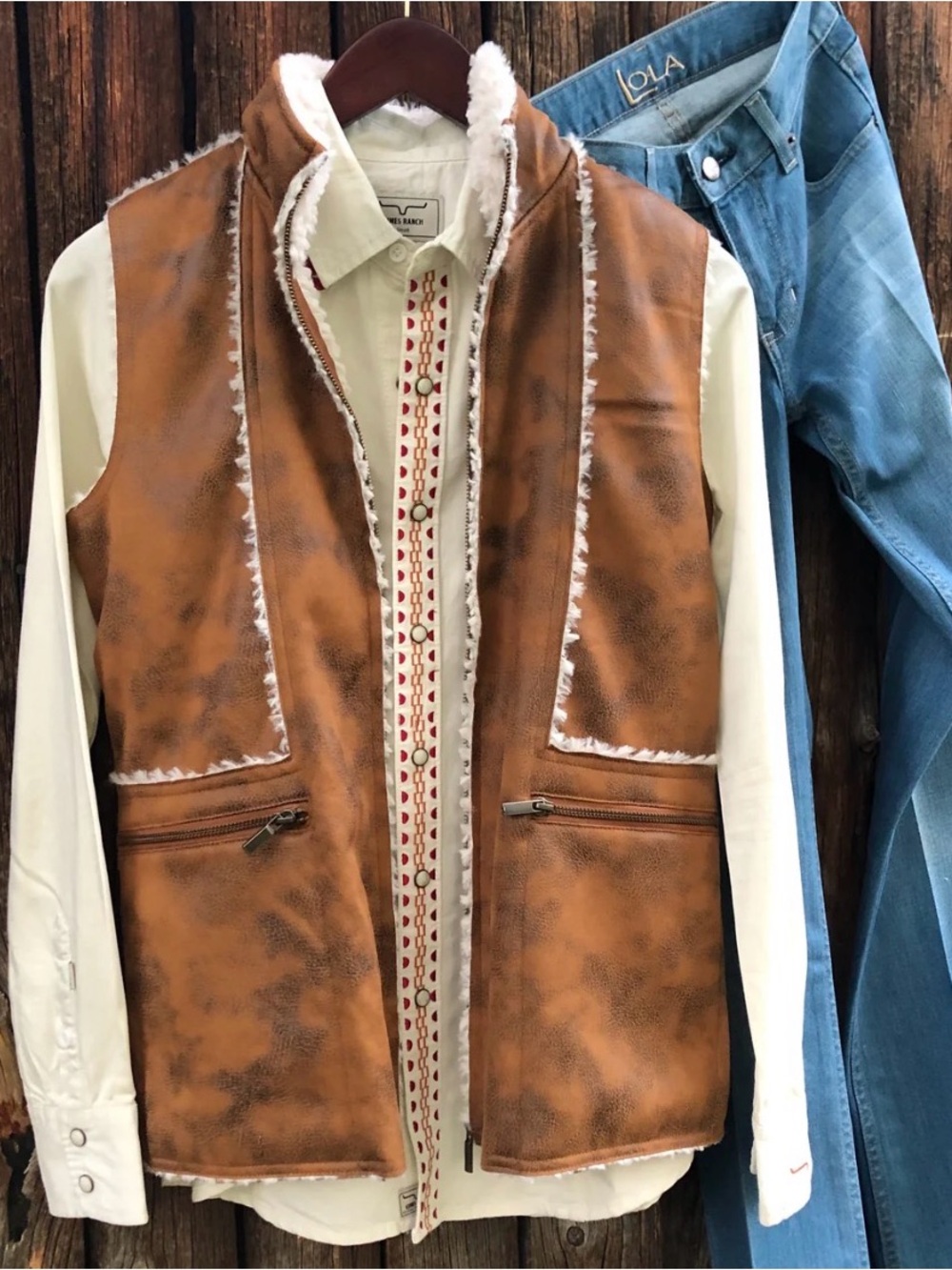 Wooly Bully Wear “Route 66” Sherpa Lined Faux Leather Vest in color Camel - Picture 11 of 12
